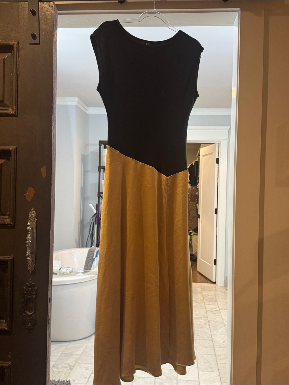 Anthropologie Black and Gold Colorblock Maxi Dress